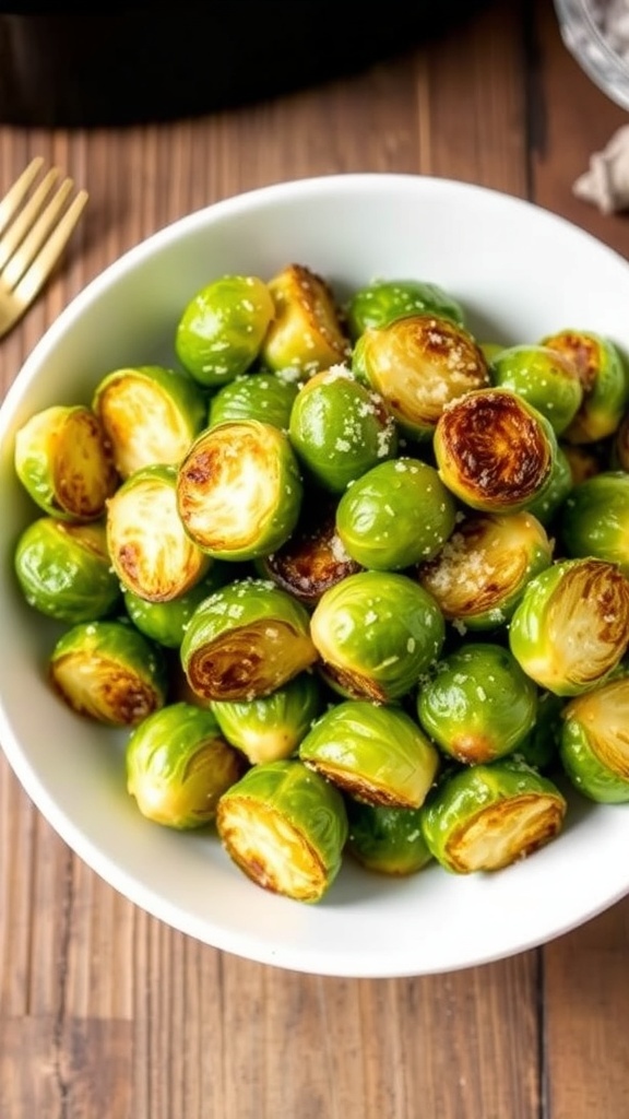 Crispy air fryer Brussels sprouts garnished with Parmesan cheese in a rustic bowl.